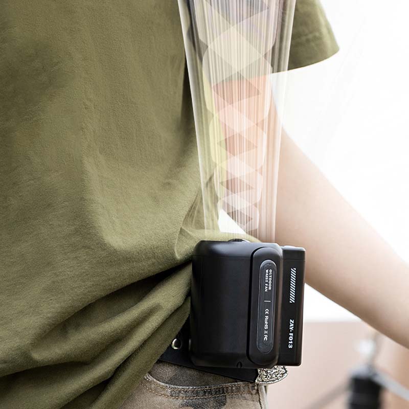 Mini ventilador portátil USB recargable con clip, versátil para mano o cintura, ideal aire libre.