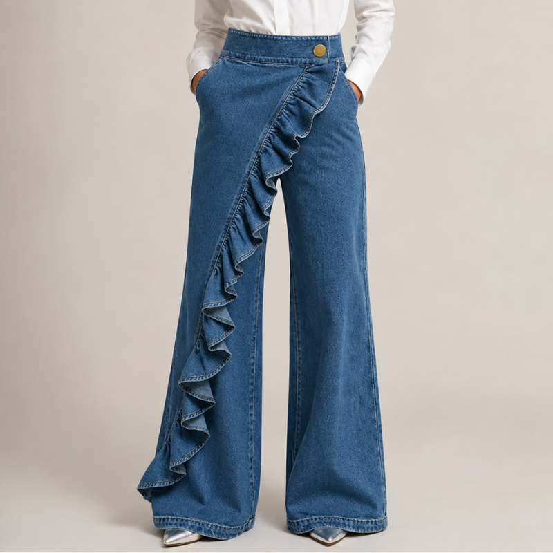 Pantalón mujer ancho con volantes elegantes, diseño moderno y cintura alta. Ropa femenina sofisticada y actual.