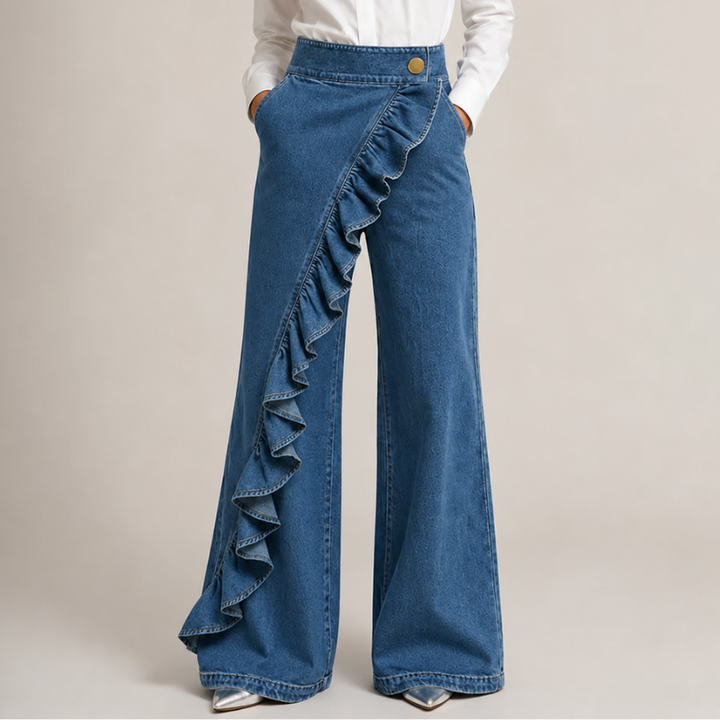 Pantalón mujer ancho con volantes elegantes, diseño moderno y cintura alta. Ropa femenina sofisticada y actual.