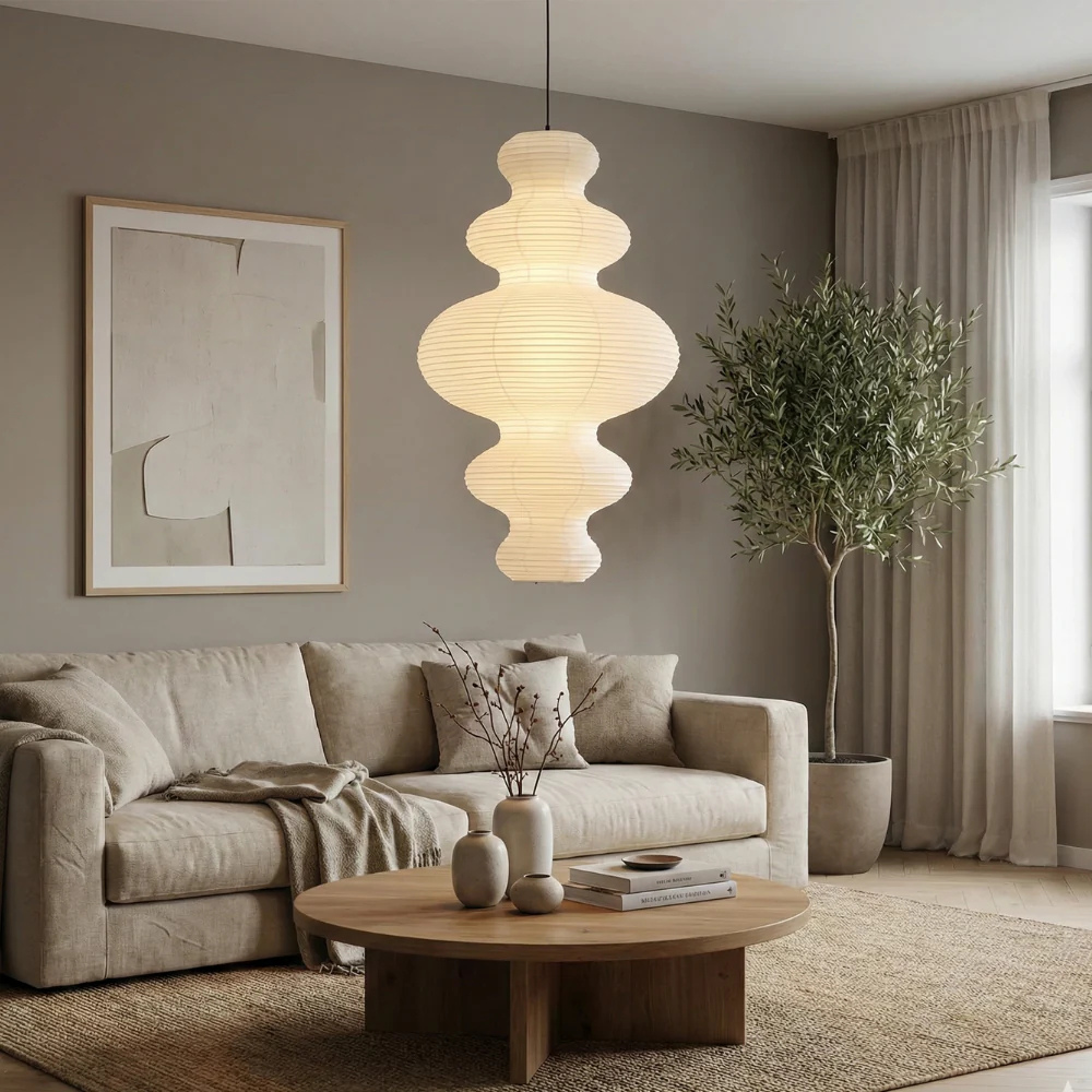 Lámpara colgante Akari Juni minimalista para comedor. Iluminación hogar estilo Japandi.