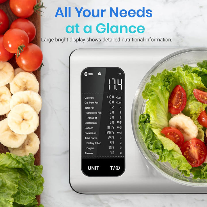 Balanza digital de cocina en acero inoxidable para control de nutrición y salud.