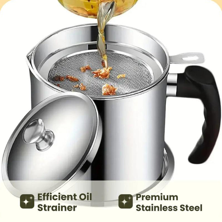 Olla de aceite de acero inoxidable con tapa y filtro, para almacenamiento seguro y cocción más saludable en casa.