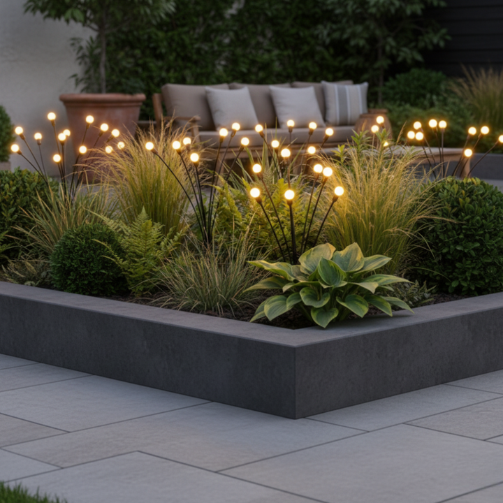 Luces de jardín solares ecológicas. Iluminación LED moderna con energía limpia para el patio y ambiente mágico.
