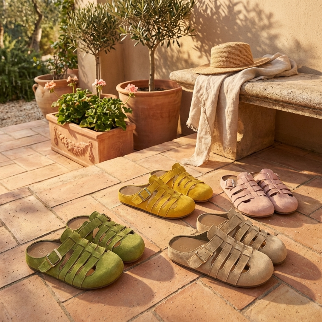 Primer plano de sandalias mule transpirables para mujer, diseño plano y material cómodo.