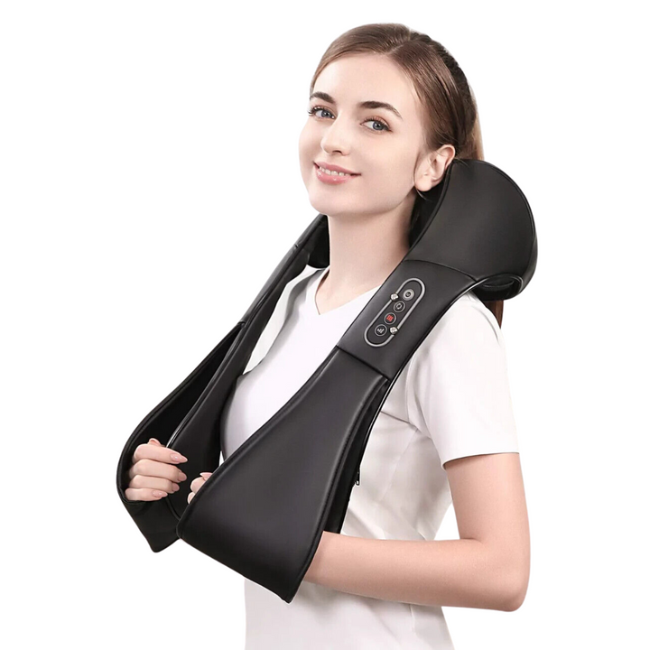 Masajeador portátil con calor para cuello y hombros, ideal para relajación muscular y alivio de espalda.