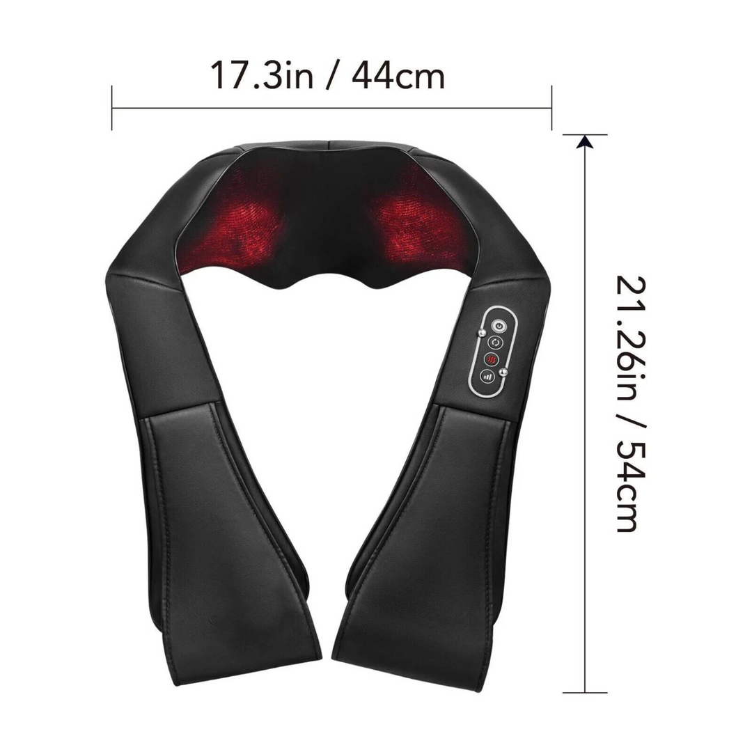 Masajeador eléctrico para cuello y hombros con calor, diseño ergonómico para terapia de tejido profundo.