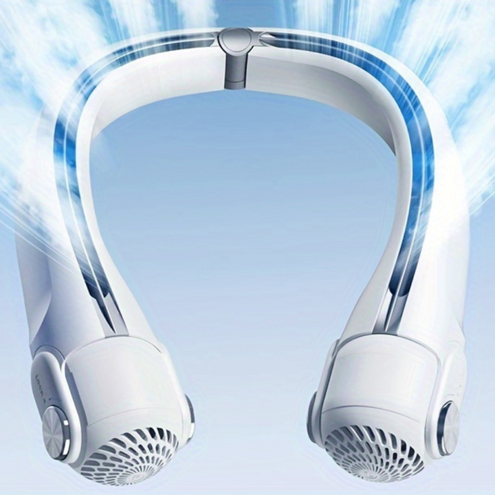 Ventilador de cuello portátil recargable verde, perfecto para verano, ofrece frescura silenciosa y cómoda.