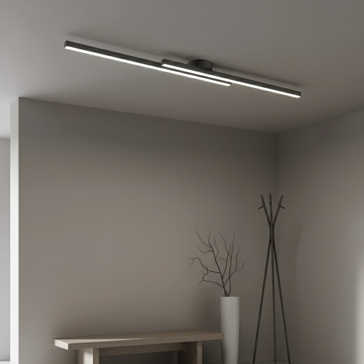Lámpara de techo lineal moderna, minimalista. Luz LED regulable para iluminación interior de hogar.