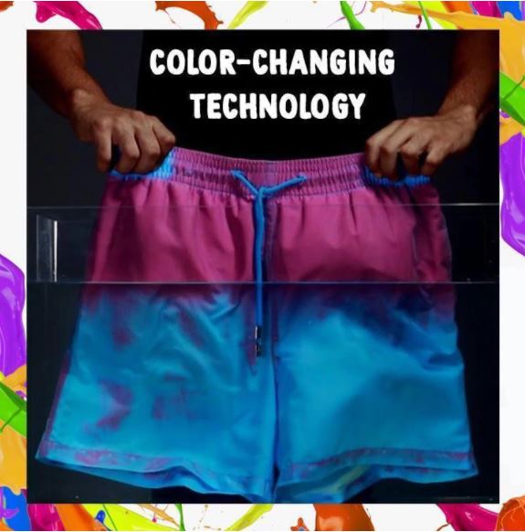 Hombre usando shorts de baño de verano que cambian de color. Perfectos para playa, piscina y natación.