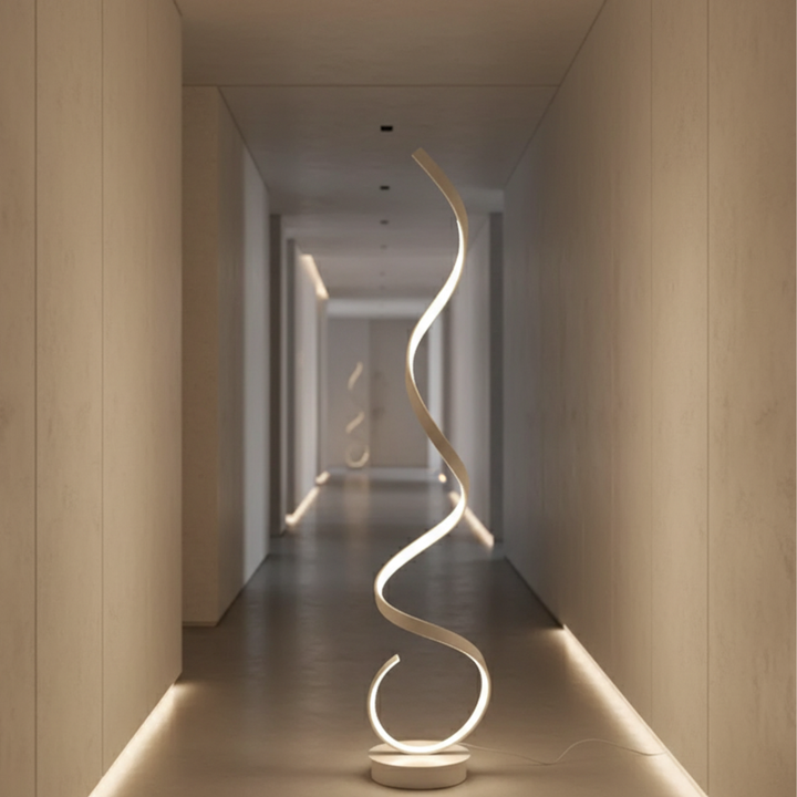 Iluminación LED de diseño espiral, lámpara de pie moderna para un ambiente regulable.