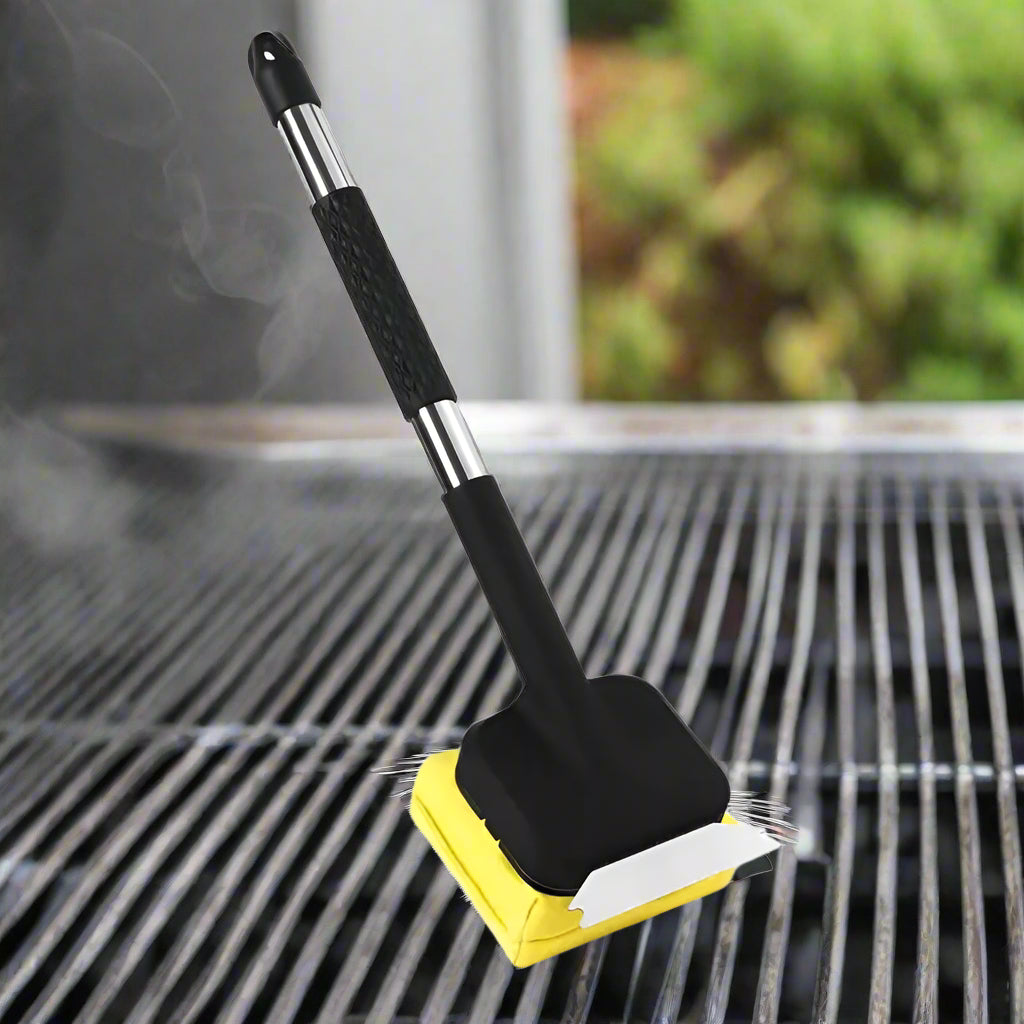 Cepillo para parrilla a vapor con raspador, ideal para limpieza profunda y segura de barbacoas y asadores.