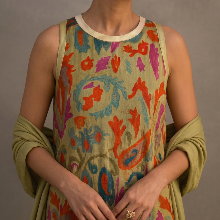 Set de vestir elegante para mujer: vestido largo con estampado y chaleco abierto. Perfecto para verano.