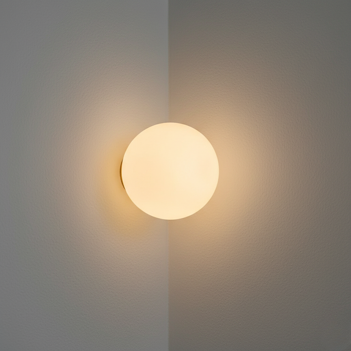 Aplique moderno de pared con esfera de luz, ideal para decoración minimalista y ambientes acogedores.