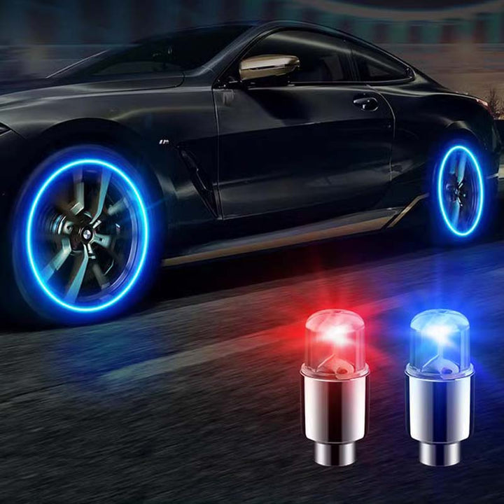 Tapas de válvula LED azules para ruedas, aumentan la seguridad vial en coche y moto con estilo moderno.