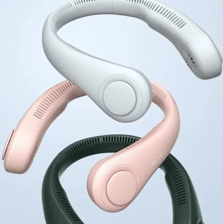 Ventilador de cuello moderno sin aspas, portátil y recargable por USB. Frescura 360° manos libres para el calor.