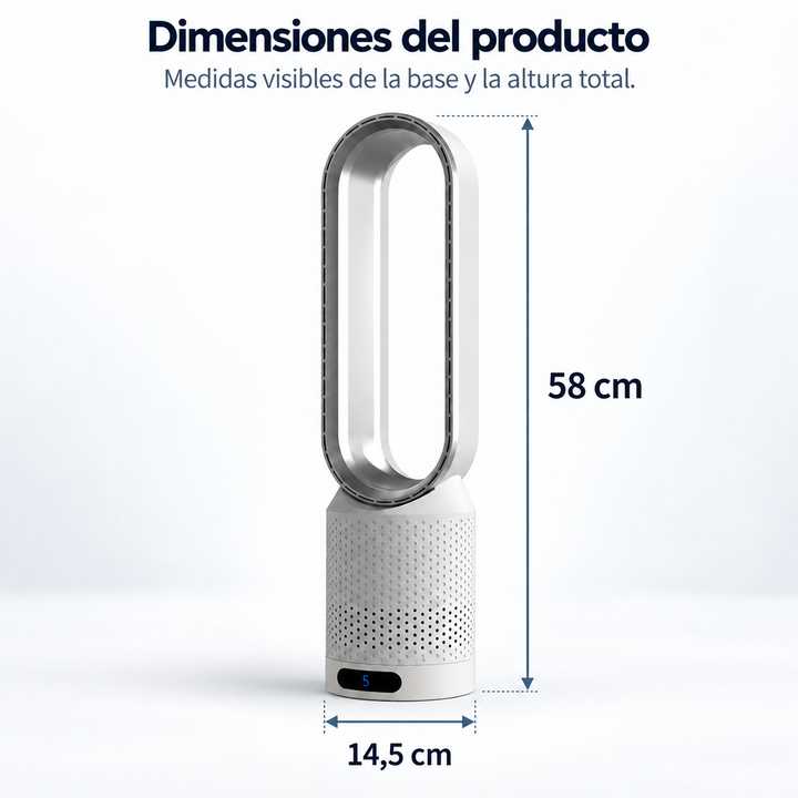 Ventilador de torre sin aspas, diseño moderno y silencioso, ideal para frescor en cualquier espacio del hogar.
