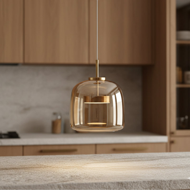 Lámpara colgante de vidrio nórdico, diseño moderno con luz ajustable para cocina.