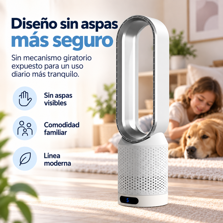 Ventilador de torre de alta tecnología sin aspas, silencioso, para un frescor óptimo en cualquier hogar.