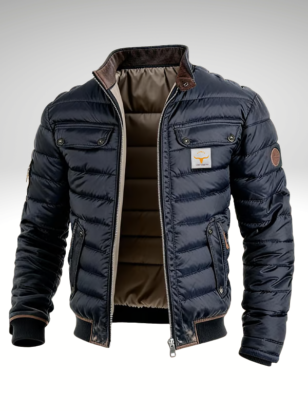 Abrigo de invierno cálido para hombre, chaqueta acolchada azul marino. Estilo moderno y comodidad en moda masculina.
