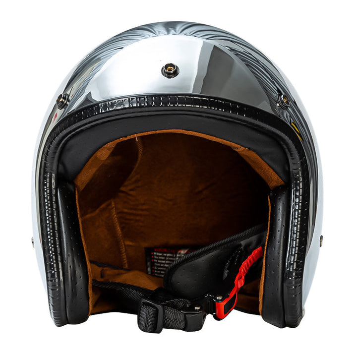 Casco plateado retro 3/4 abierto, vista frontal, para motocicleta, estilo vintage, protección.