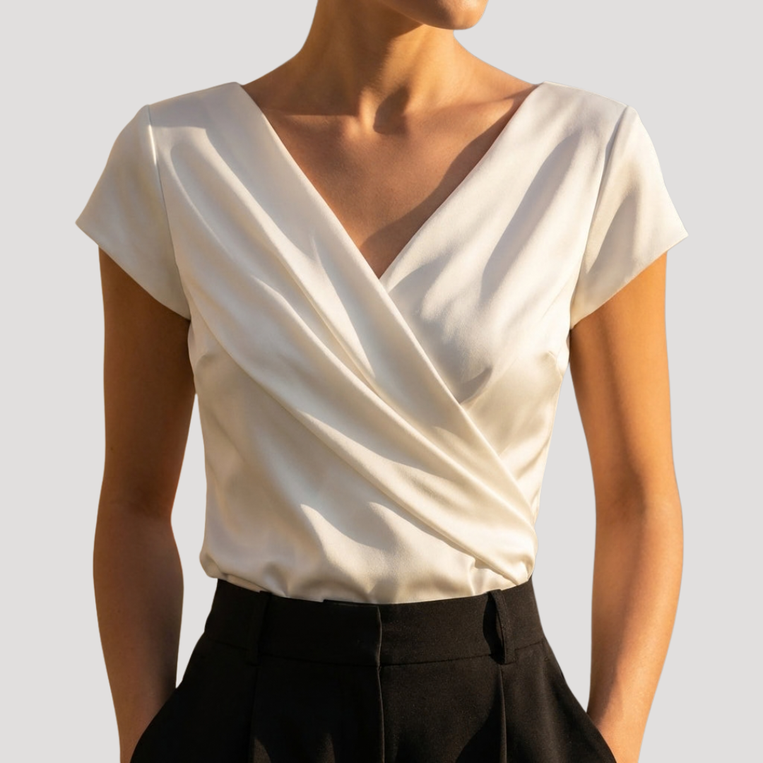 Blusa cruzada de mujer, cuello V, manga corta. Top veraniego elegante y casual, moda femenina.