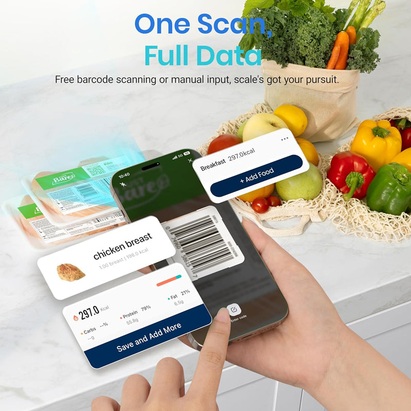 Pesa alimentos con balanza digital inteligente, ideal para un seguimiento nutricional exacto.