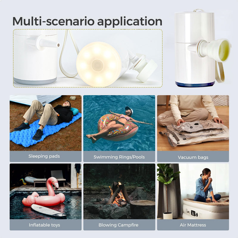 Linterna LED y bomba de aire recargable para camping, ideal en exteriores y emergencias.