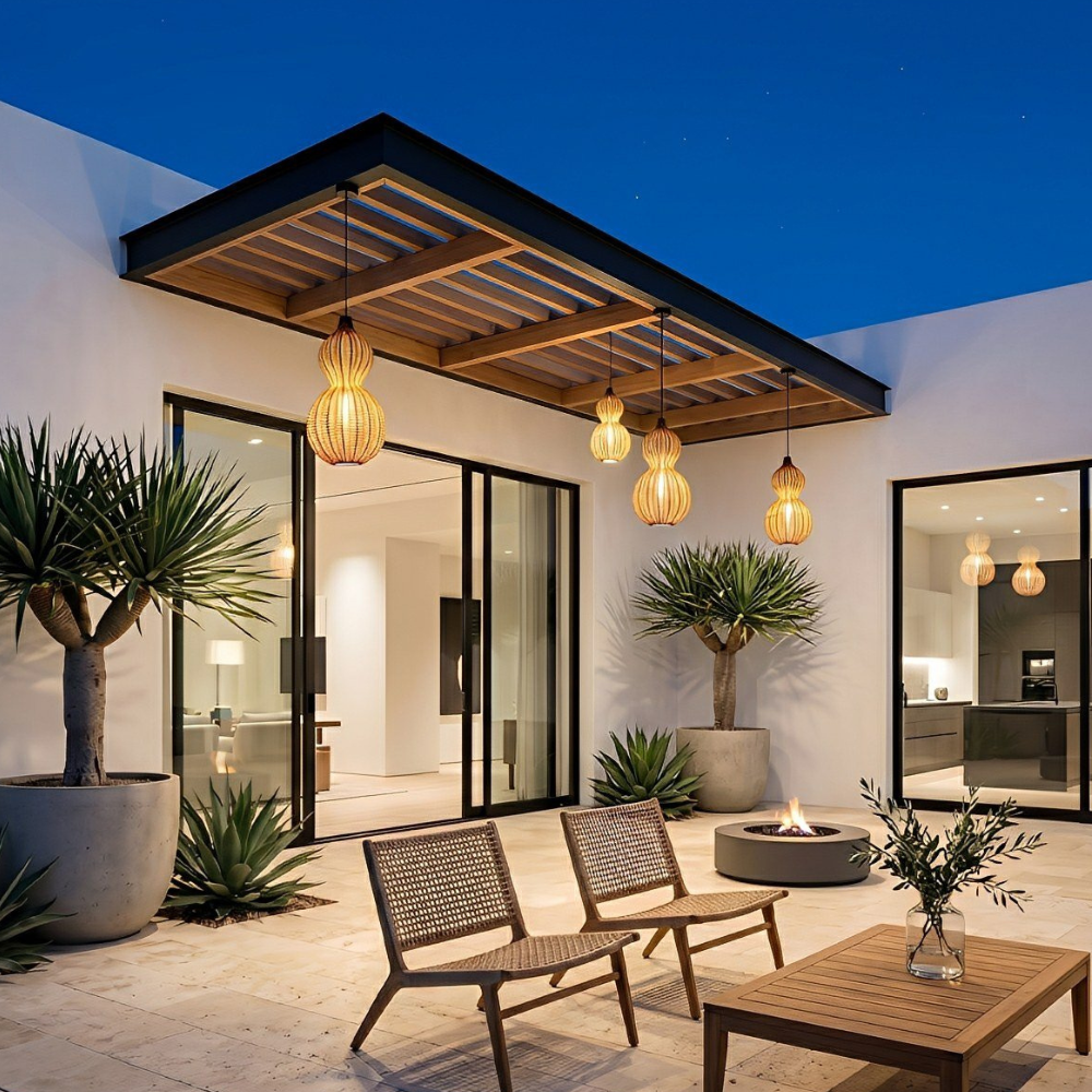 Lámpara de jardín tejida, robusta y resistente a la intemperie, decoración moderna y funcional.