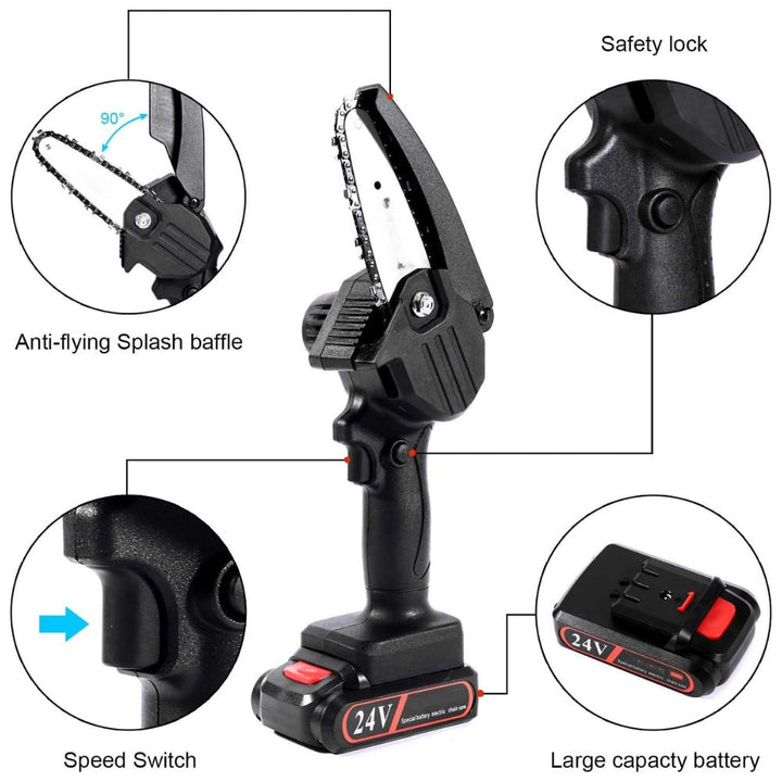 Motosierra eléctrica de mano 24V para poda, diseño ergonómico y portátil, herramienta esencial para jardinería.