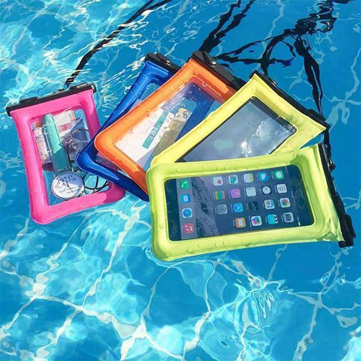 Funda transparente impermeable flotante para smartphone. Acceso táctil y protección total en agua.