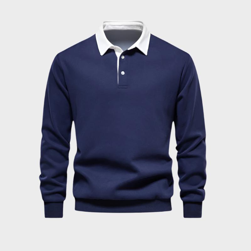 Polo de manga larga para hombre, casual y elegante, con cuello de contraste, ideal para moda masculina de otoño.