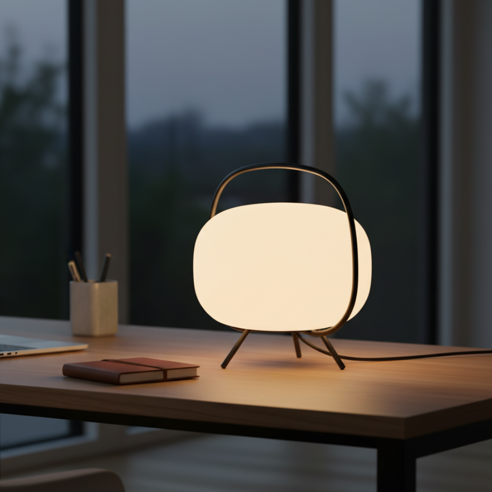 Lámpara de mesa minimalista, ideal para iluminación ambiental moderna y elegante.