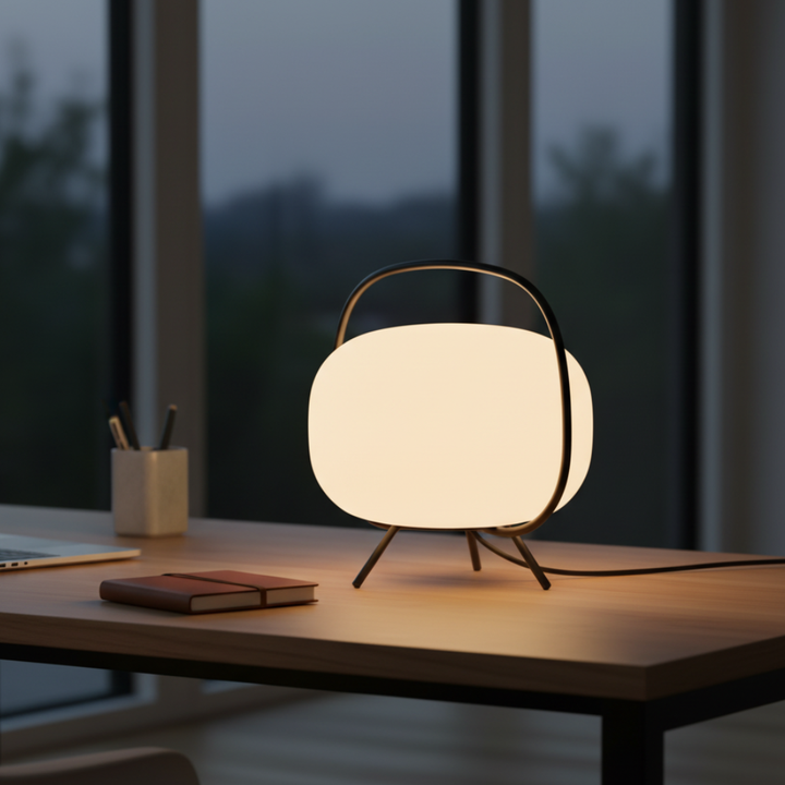 Lámpara de mesa minimalista, ideal para iluminación ambiental moderna y elegante.