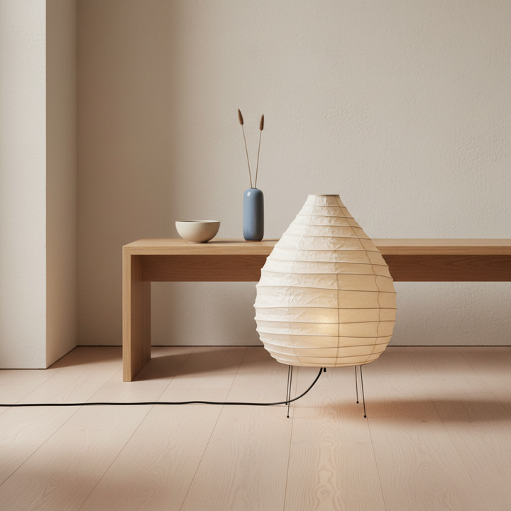 Lámpara de mesa y suelo Japandi minimalista, ideal para dormitorio y sala de estar.