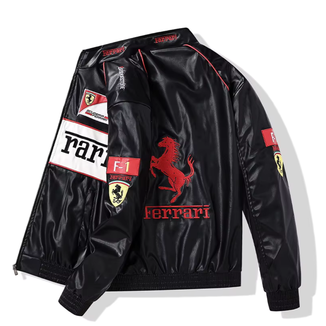 Chaqueta de cuero unisex estilo carreras vintage. Versátil y cómoda, perfecta para moda retro.