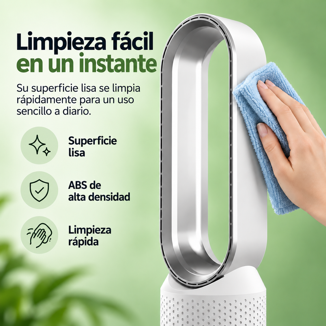 Ventilador de torre sin aspas seguro y moderno, tecnología que aporta aire fresco silencioso al hogar.