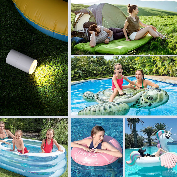 Bomba de aire compacta y portátil con LED, perfecta para viaje y camping.