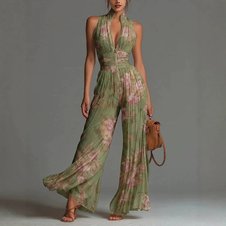 Mono plisado para mujer con escote V profundo y piernas anchas. Elegante para fiesta de verano.