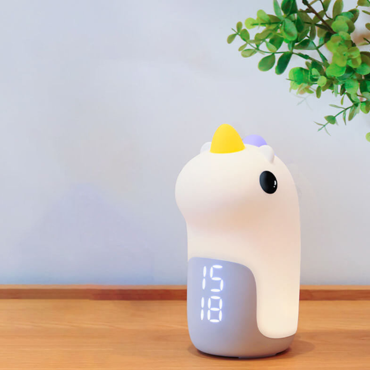 Regalo para niños: Luz nocturna de unicornio y reloj despertador. Decoración adorable.