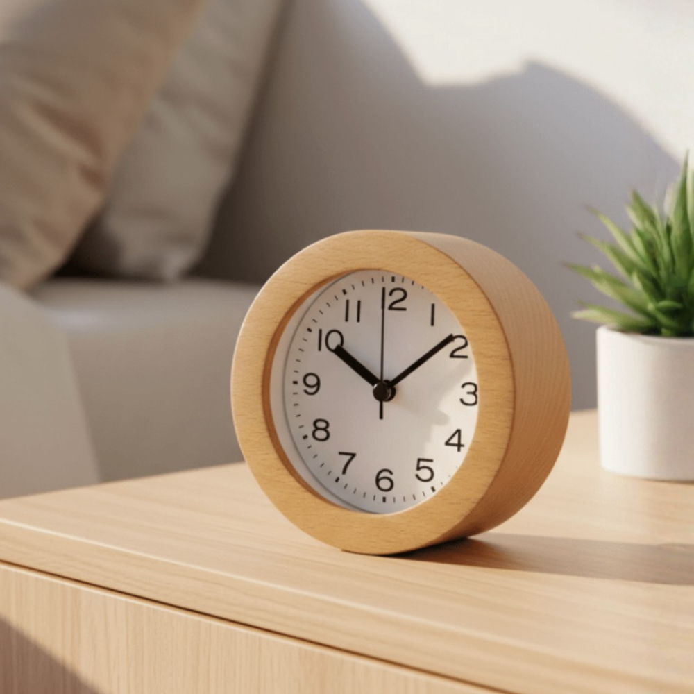 Reloj despertador analógico de madera, diseño minimalista y silencioso para decoración del hogar.