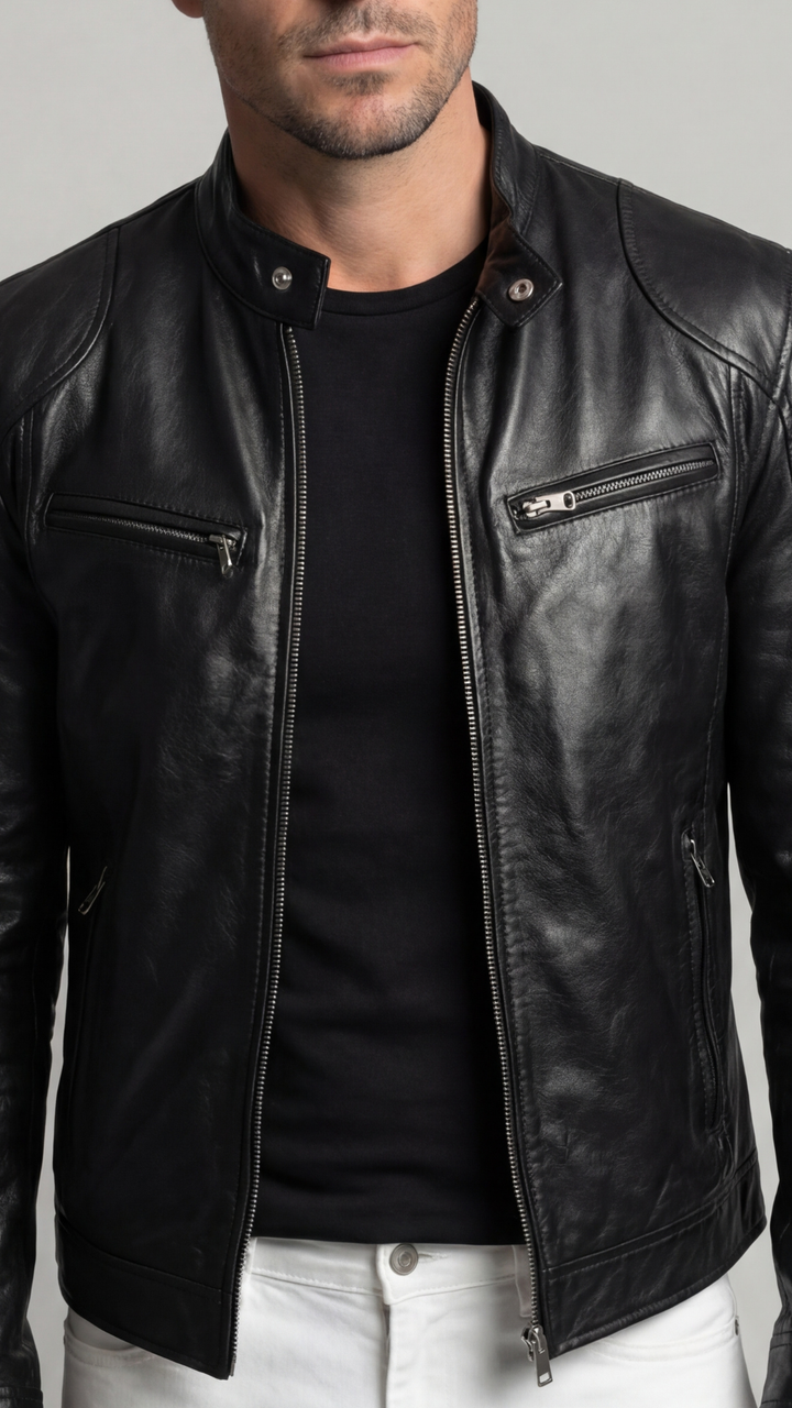 Moderna chaqueta de otoño para hombre, confeccionada en piel vegana, look casual y abrigador.