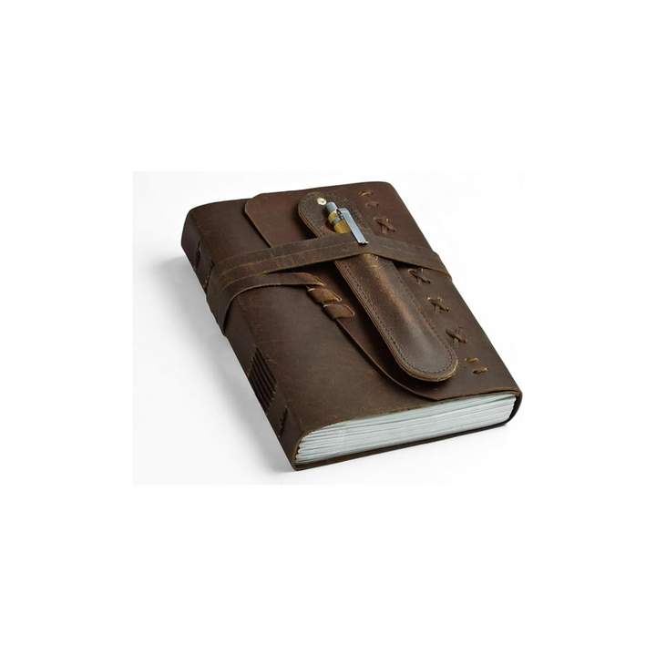 Cuaderno de cuero vintage unisex con bolígrafo, ideal para diario, notas o regalo.
