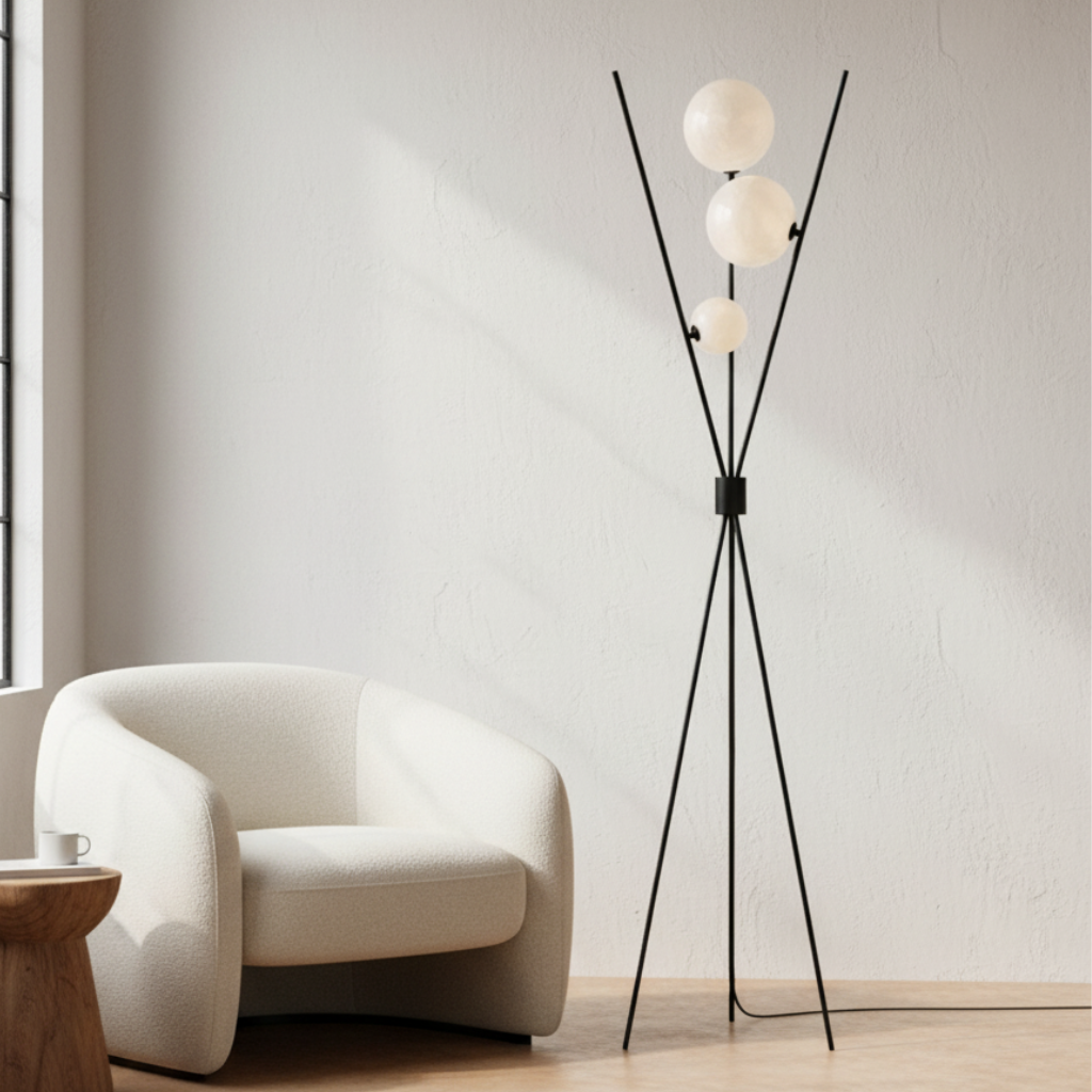 Lámpara LED con diseño lunar para mesa o suelo. Luz regulable, ideal para decoración moderna y ambientes cálidos.