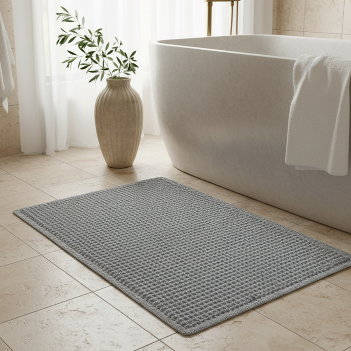 Alfombrilla de baño waffle super absorbente con borlas. Microfibra, antideslizante, confort pies.