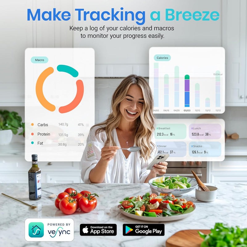 Balanza de cocina inteligente con pantalla digital para datos nutricionales precisos.