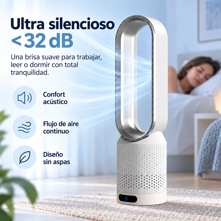 Ventilador de torre sin aspas para oficina, tecnología silenciosa que mantiene el ambiente fresco.