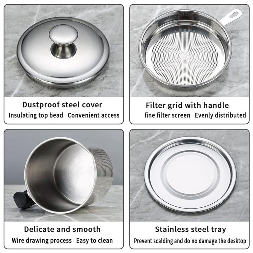 Contenedor de acero inoxidable con colador para aceite de cocina, mejora la cocción y el orden en tu cocina.