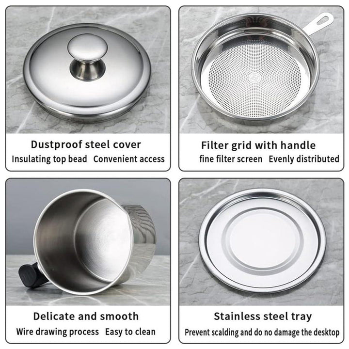 Contenedor de acero inoxidable con colador para aceite de cocina, mejora la cocción y el orden en tu cocina.