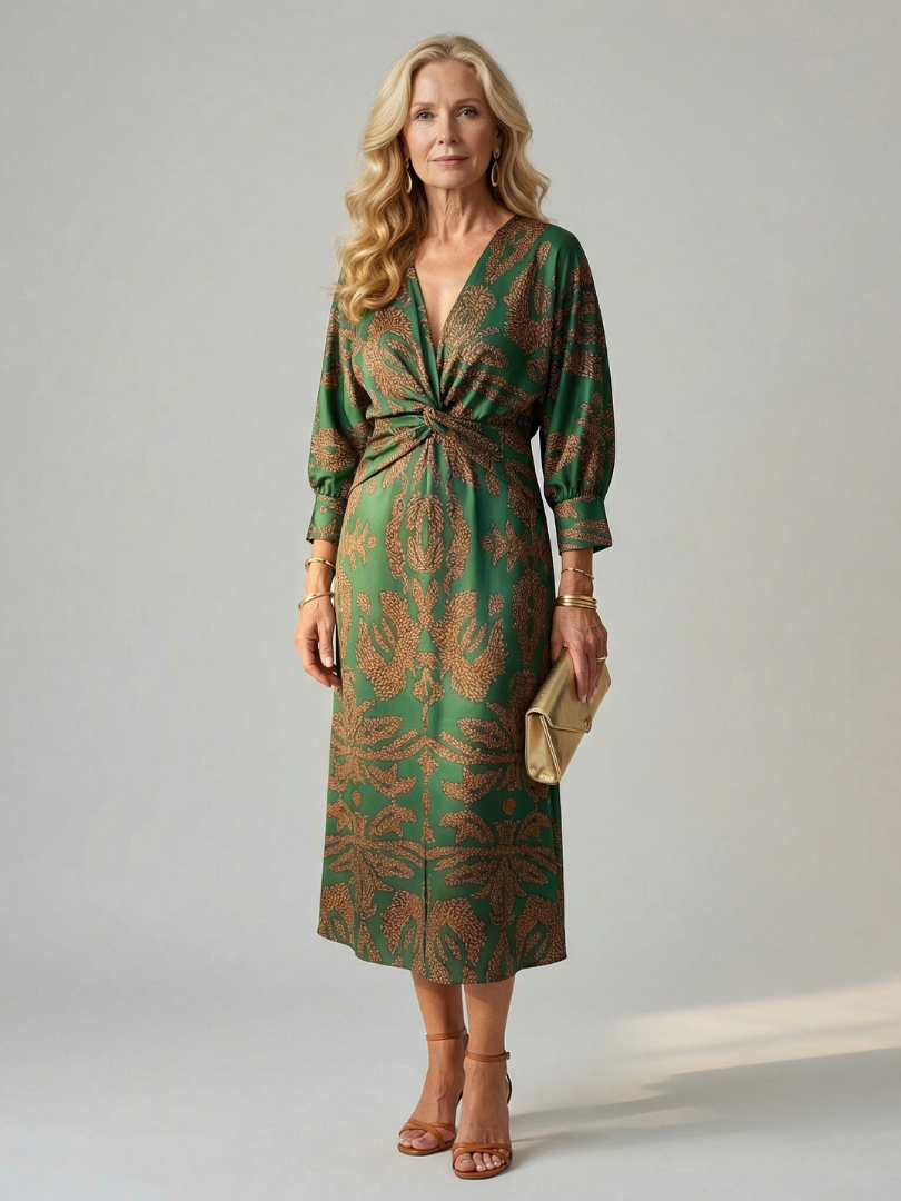 Vestido midi elegante mujer, corte cruzado y cintura ajustada. Ideal para moda femenina versátil.
