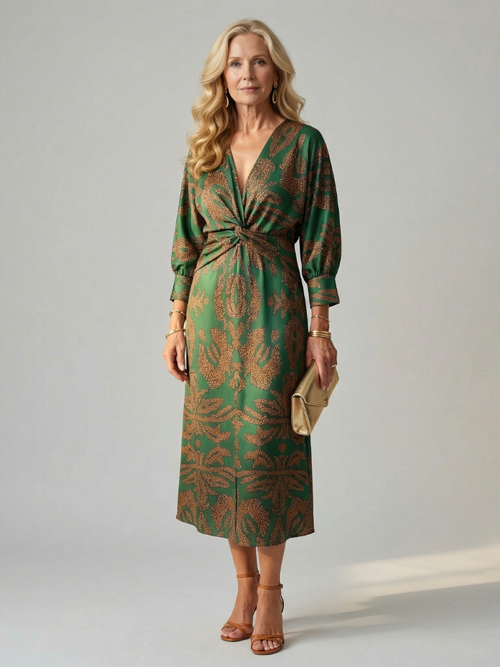 Vestido midi elegante mujer, corte cruzado y cintura ajustada. Ideal para moda femenina versátil.